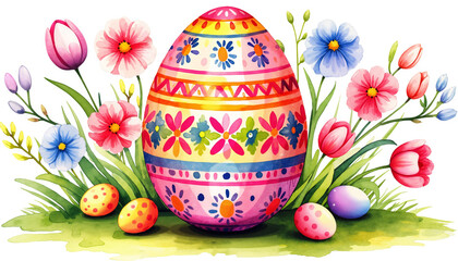 Colorful Easter egg surrounded by flowers and decorative eggs  