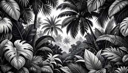 A bold monochrome seamless botanical pattern with dense jungle foliage, palm trees, and large leaves. Graphic and striking, ideal for modern fashion and decor.