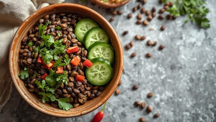 Fototapeta premium Brown Lentil Salad Bowl with Cucumber and Cilantro.