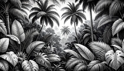 A bold monochrome seamless botanical pattern with dense jungle foliage, palm trees, and large leaves. Graphic and striking, ideal for modern fashion and decor.