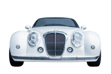 Beautiful Sport Car. Front view of modern white sedan car, isolated on transparent background, Luxury business car cut out background for graphic design element, PNG File
