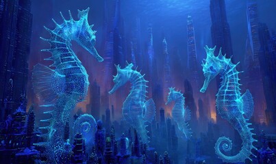 Digital seahorse sculptures glow blue in an underwater cityscape, with a futuristic and mysterious aesthetic, enhanced by artificial intelligence.