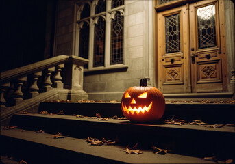 Obraz premium Illuminated pumpkins lining grand stone staircase of old mansion glowing warmly under candlelight