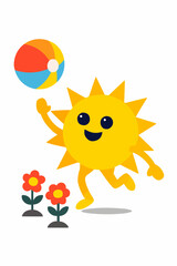 Energetic sun character playing with a beach ball