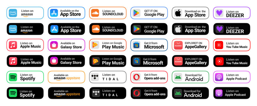 Popular music streaming platforms with listening and download badges. Set of app store buttons including App Store, Google Play, Microsoft Store, Huawei Store, and Amazon Store.	
