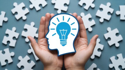 Hands holding a head silhouette with a light bulb inside, surrounded by puzzle pieces, symbolizing idea generation and problemsolving