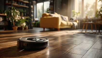 Robotic vacuum cleaner in modern living room home cleaning equipment bright environment close-up