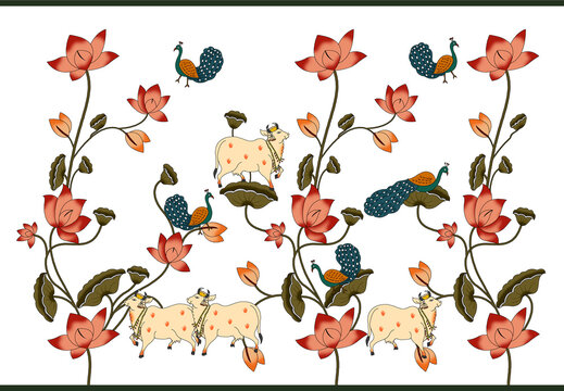  Colorful Pichwai Floral Border with Peacock and Lotus Art...