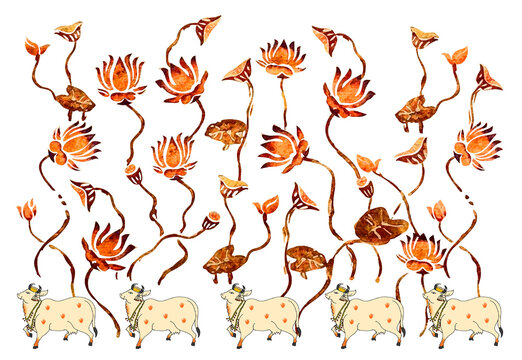 Ethnic Rajasthani Pichwai Art with Lotus and Cow Design...