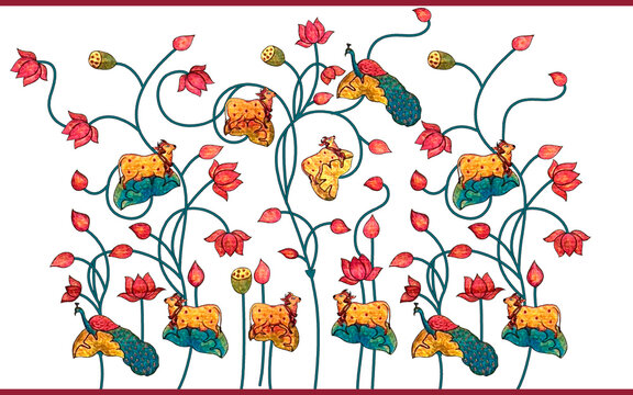 Indian Pichwai Inspired Artwork with Cow and Lotus Motifs...