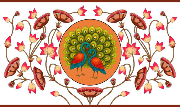 Hand Painted Pichwai Lotus and Peacock Border Design...