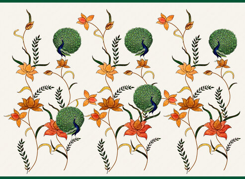 Ethnic Pichwai peacock andLotus Floral Artwork for Textile Print...