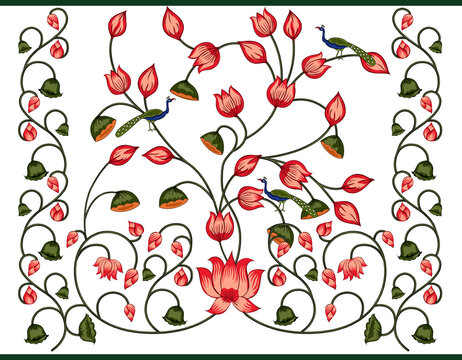  Traditional Indian Pichwai Pattern with Lotus and Peacock Elements.....