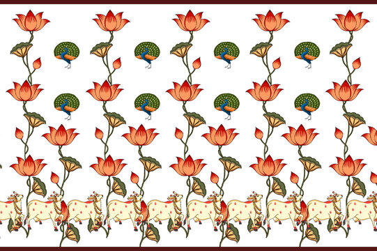 
Pichwai Lotus Floral Border with Peacock and Cow Illustration....
