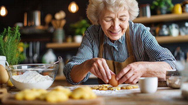 Happy senior woman reading recipe book with egg and flour on counter while baking delicious cookies at home, under gentle natural light, highlighting focused expression and vibrant