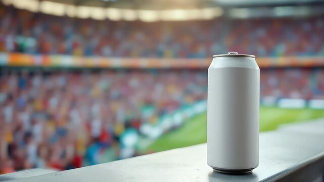 A close-up shot of a white can placed on a ledge with a blurred stadium background.