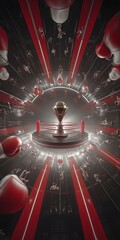 dramatic boxing championship trophy podium with radiating red light beams and floating gloves in arena