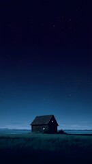 solitary wooden cabin under starry night sky rural landscape with twilight blue atmosphere