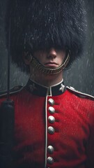  royal guard in red uniform with bearskin hat standing in rain dramatic military portrait
