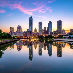 Fototapeta premium City skyline at dusk with river reflection