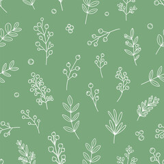 A simple repeating pattern of delicate white botanical illustrations on a sage green background.