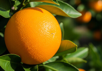 Ripe oranges hanging on green leafy branches glowing in warm sunlight in an orchard