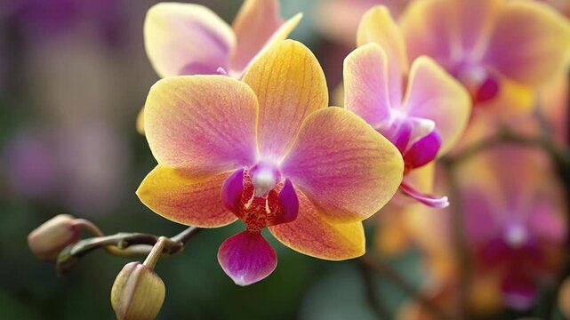 A captivating close-up showcases the exquisite beauty of a vibrant orchid in full bloom, revealing delicate petals painted in rich hues of yellow, pink, and magenta. The intricate patterns and gracefu