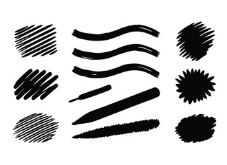 Hand drawn Crayon brush underline stroke set. Chalk mark brush line paint stroke. Hand drawn grunge texture charcoal pencil underline. Chalk pastel, flat illustration set. Free Vector
