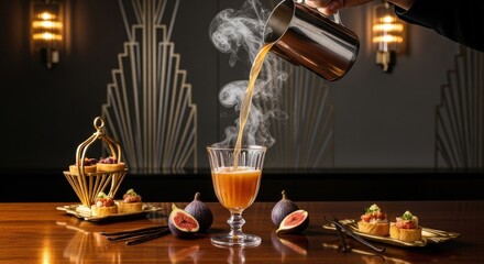 Obraz premium A steaming hot cocktail is poured into a crystal glass, surrounded by figs and appetizers, creating an elegant and inviting atmosphere for a sophisticated gathering