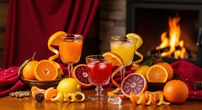 A vibrant assortment of citrus cocktails and fresh fruits, including oranges and blood oranges, arranged on a wooden table with a warm fireplace and draped red fabric in the background. - Powered by Adobe