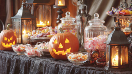 A perfect visual for a Halloween party and trick-or-treating. This festive table features a carved, glowing jack-o'-lantern, old-fashioned lanterns, and spooky decor.