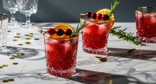 Two festive red cocktails with orange slices and cranberries, garnished with rosemary, served in ornate glasses on a marble surface with scattered gold confetti