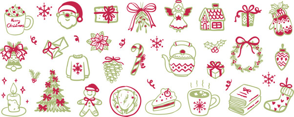 Christmas doodle set &ndash; hand drawn seasonal line art with Santa claus, ornaments, Christmas tree, ginger bread, gift boxes, glove, and cozy elements for seamless pattern, banner or printing. Vector ill