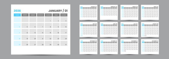 2026 Calendar. 12 Pages for 2026 Monthly Calendar. Clean and Simple Template and one page wall calendar template Design ready to print. 