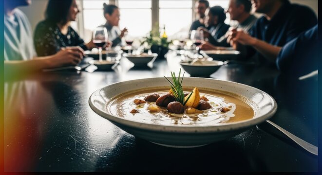 A closeup shot of a delicious bowl of creamy soup, garnished with herbs and toppings, served at a dinner party with blurred guests in the background, creating a warm and inviting atmosphere