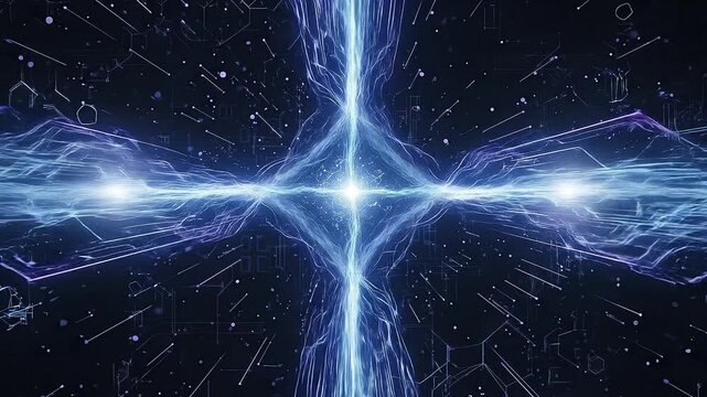 Abstract blue and white light streams form a central cross on a dark background surrounded by glowing lines scattered dots and geometric patterns