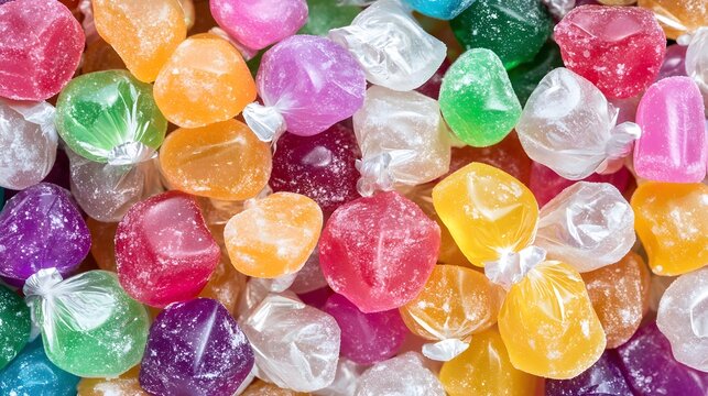 Colorful hard candies in wrappers piled high sugar coated sweet food