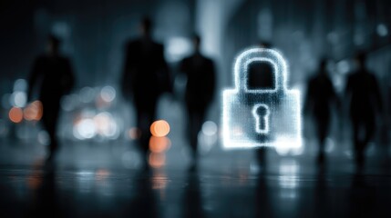 Cybersecurity concept with glowing padlock icon over blurred crowd, symbol of digital protection, privacy and data safety