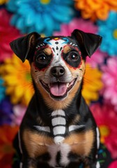 Cute happy chihuahua dog with colorful sugar skull makeup painting surrounded by bright flowers. Day of the Dead celebration in Mexico concept for festive holiday pet event. Dia de los Muertos