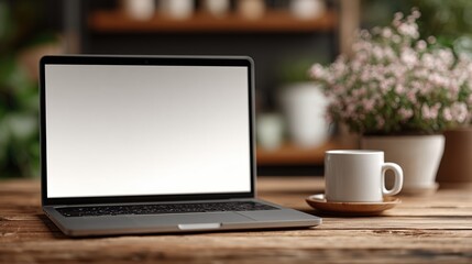 Fototapeta premium Modern laptop with blank screen and coffee cup on wooden desk, cozy workspace concept for remote work and creativity