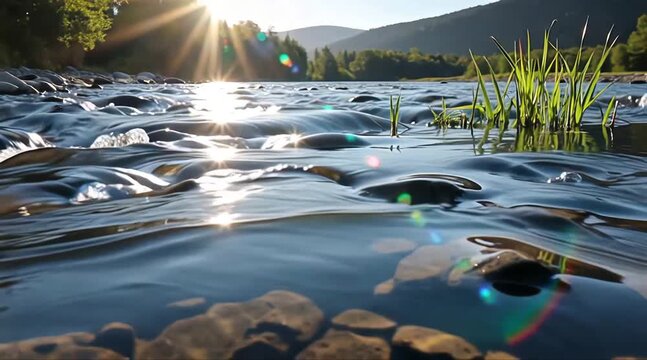 Cinematic 4K river flowing and gradually turning into streams of liquid crystal, sunlight refracting in glowing patterns