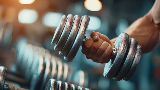 Hand selecting a dumbbell from a rack in a gym, focus on fitness and strength.