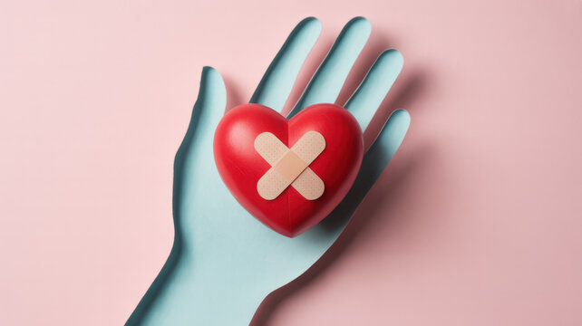 Red heart with bandage on blue hand against pink background to represent healing, recovery, and care for cardiovascular health concept - Powered by Adobe