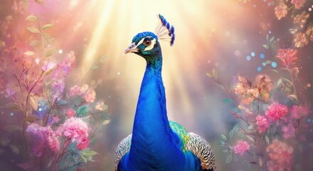 Close-up of a peacock showcasing iridescent blue and green feathers, complemented by a floral backdrop in soft, dreamy lighting and vibrant colors.