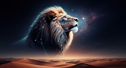 A striking portrait of a majestic lion set against a backdrop of a starry night sky above a vast pixelated desert landscape, blending natural beauty with digital art style.