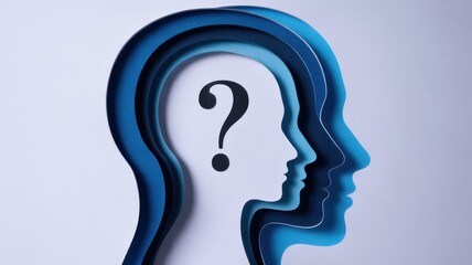 Human head silhouette with question mark inside, concept of thinking, brainstorming, uncertainty, doubt and problem solving, isolated on white background