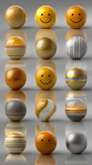  Grid of varied spheres, yellow, gold, and silver, representing mood and diverse emotions