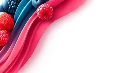  Fresh berries on vibrant ribbons, pink, red, and blue, representing healthy natural food, with copy space