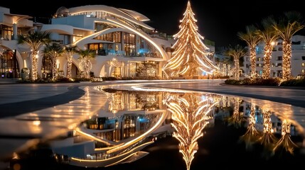 Illuminated Christmas tree in tropical city, gold and white, representing festive travel and luxury resort at night