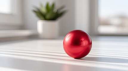 Single shiny red sphere, in a minimalist and clean mood, sitting on a white table with sunbeams